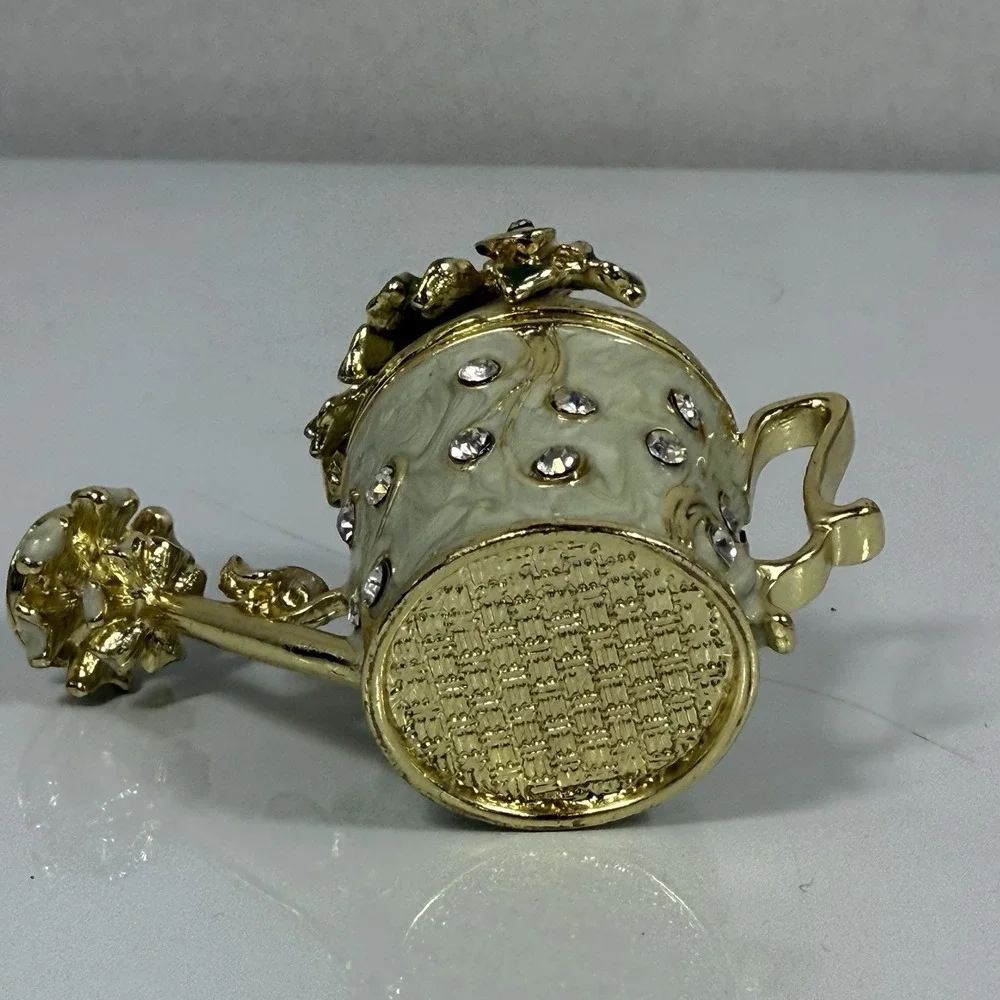 White Floral Watering Can Trinket Box Jeweled Enamel Miniature‎